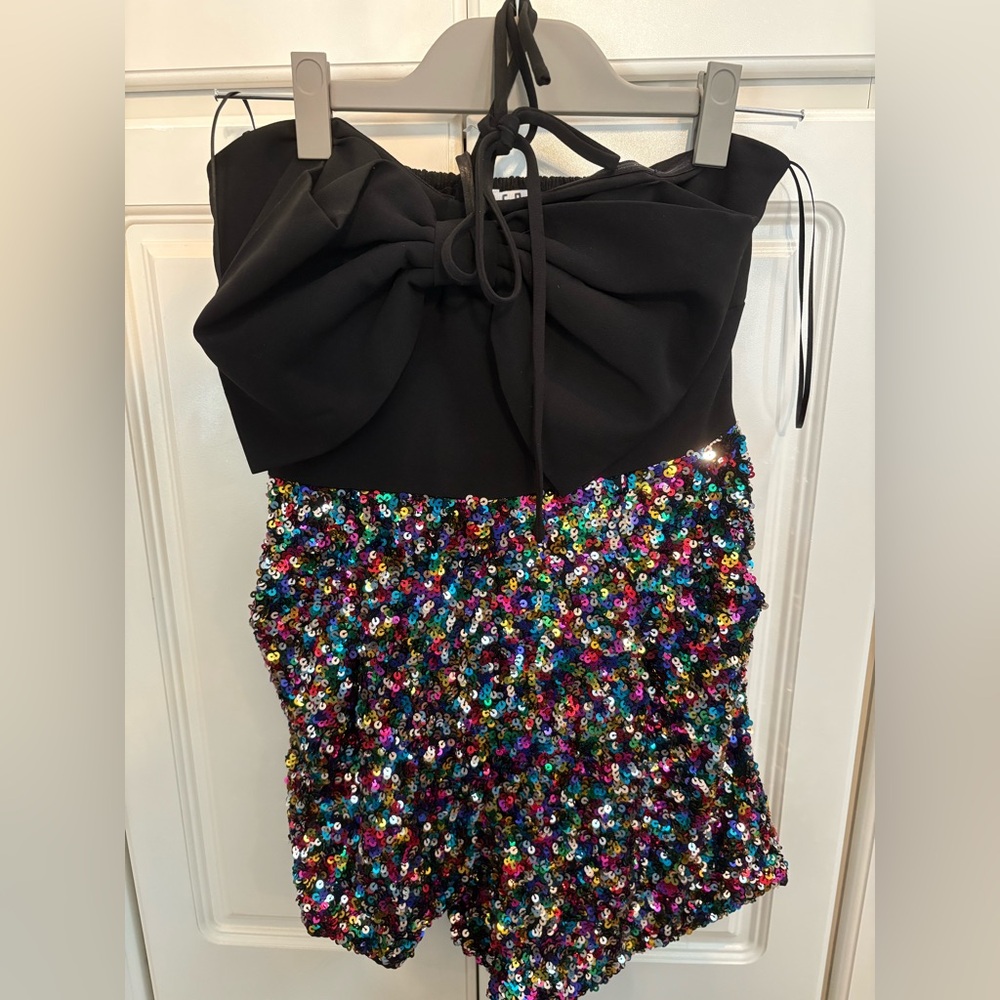 Black Bow Multicolor Sequin Romper - image 1